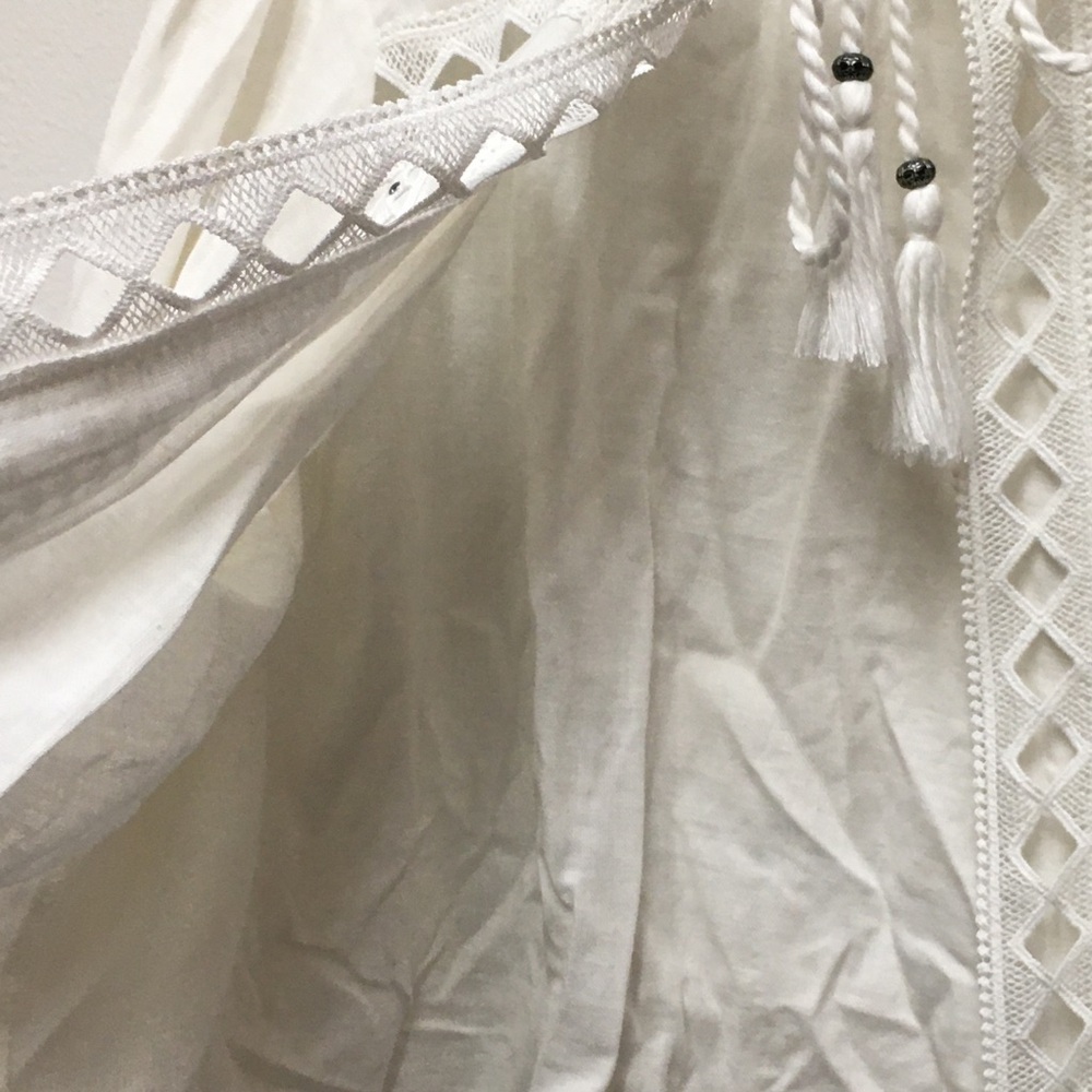 Zara Linen Cotton Embroidered Blouse Medium Cream Front Tassel Tie Beaded Boho - Picture 6 of 10